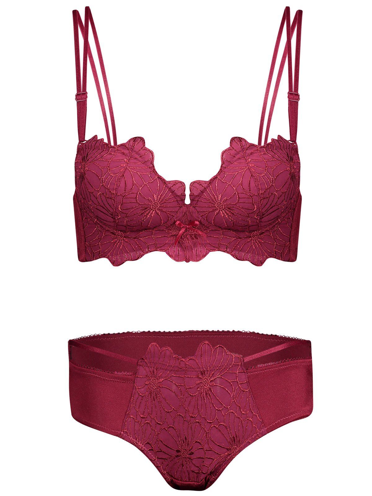 

Double Strap Embroidered Underwire Bra Set, Wine red