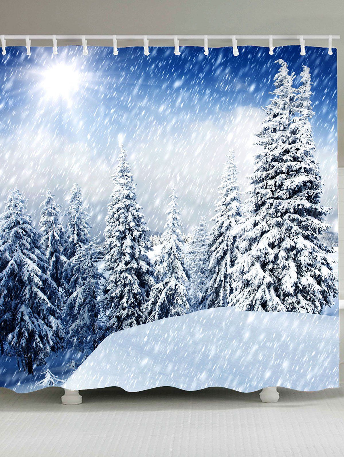 

Forest Snowscape Patterned Shower Curtain, White and blue