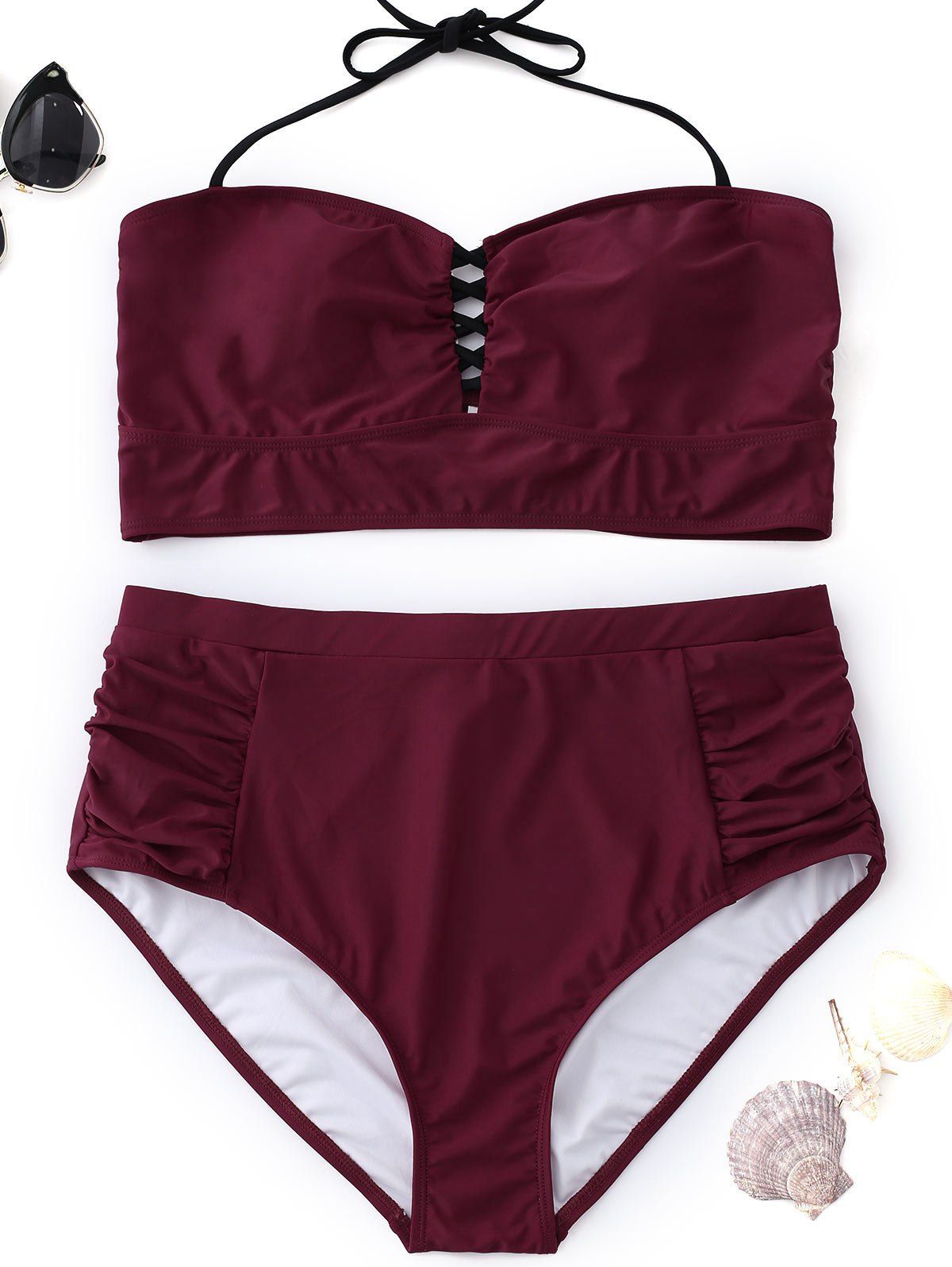 [41% OFF] 2021 Halter High Waisted Plus Size Bikini In WINE RED | DressLily