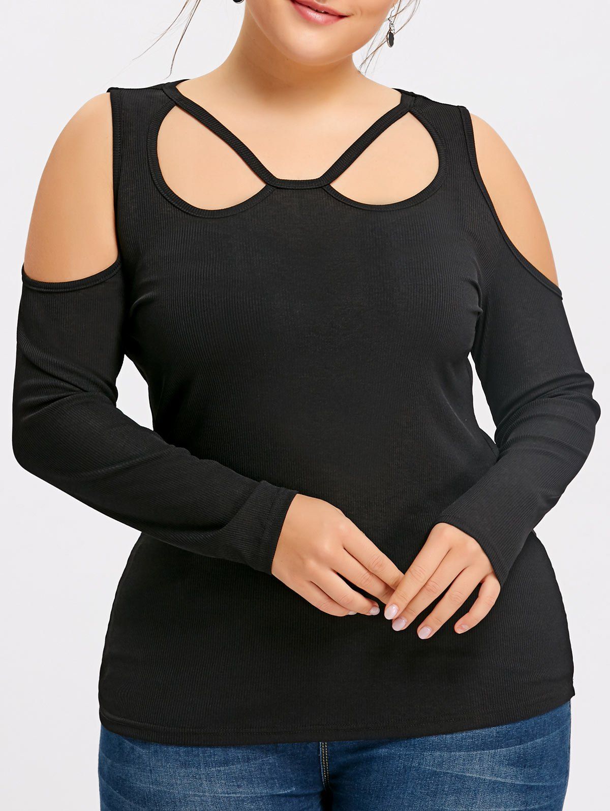 

Plus Size Cold Shoulder Long Sleeve Top, Black