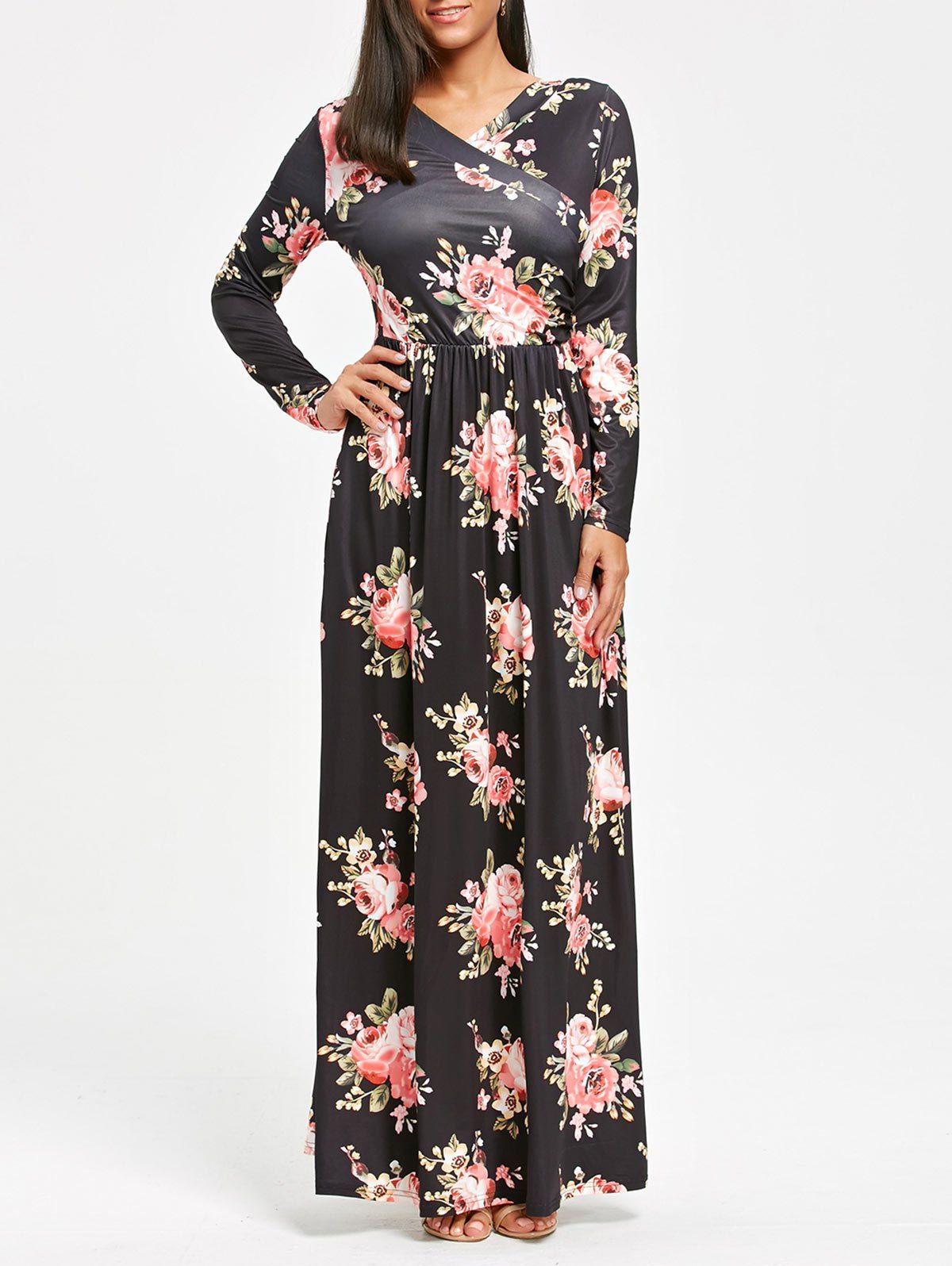 

High Waist Floral Printed Long Sleeve Maxi Dress, Black