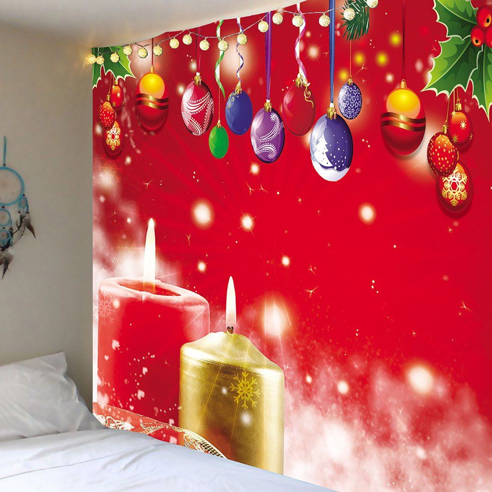 

Wall Art Christmas Hanging Balls And Candles Pattern Tapestry, Red
