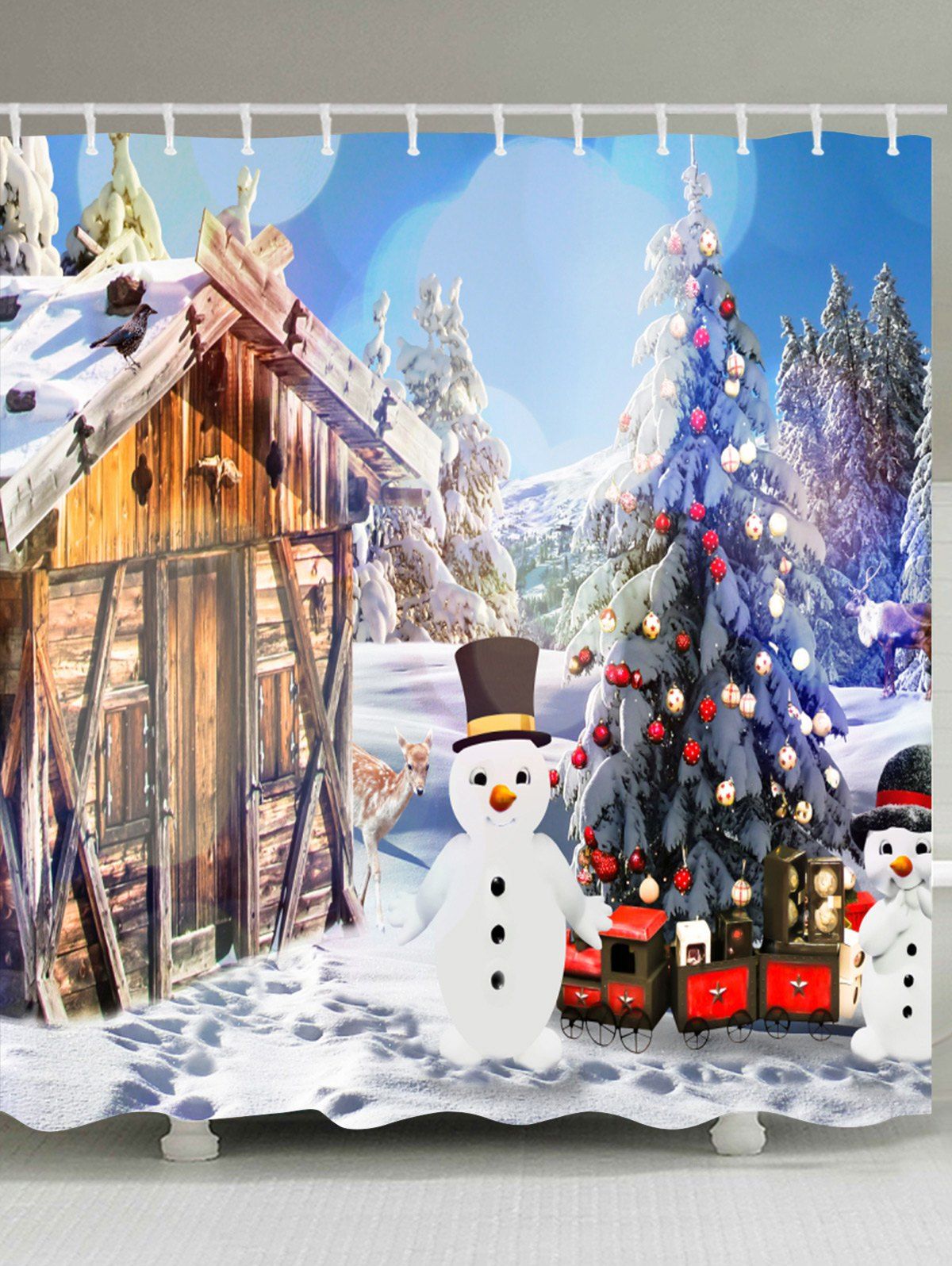41 Off 2020 Christmas Log Cabin Snowmen Tree Printed Shower