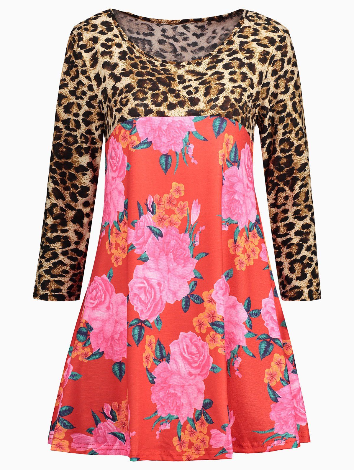 

Leopard Floral Print Tunic Tee, Watermelon red