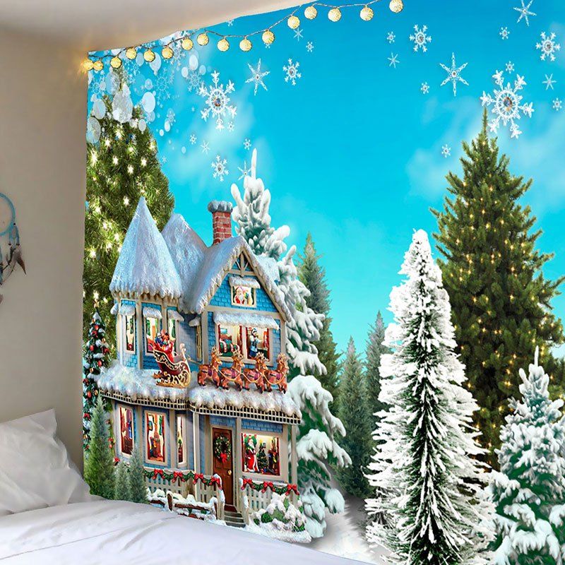 

Christmas House Trees Snowflakes Pattern Wall Tapestry, Blue and green