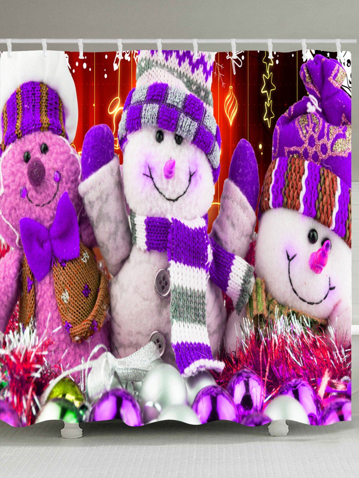

Christmas Snowmen Printed Bath Curtain, Purple and white