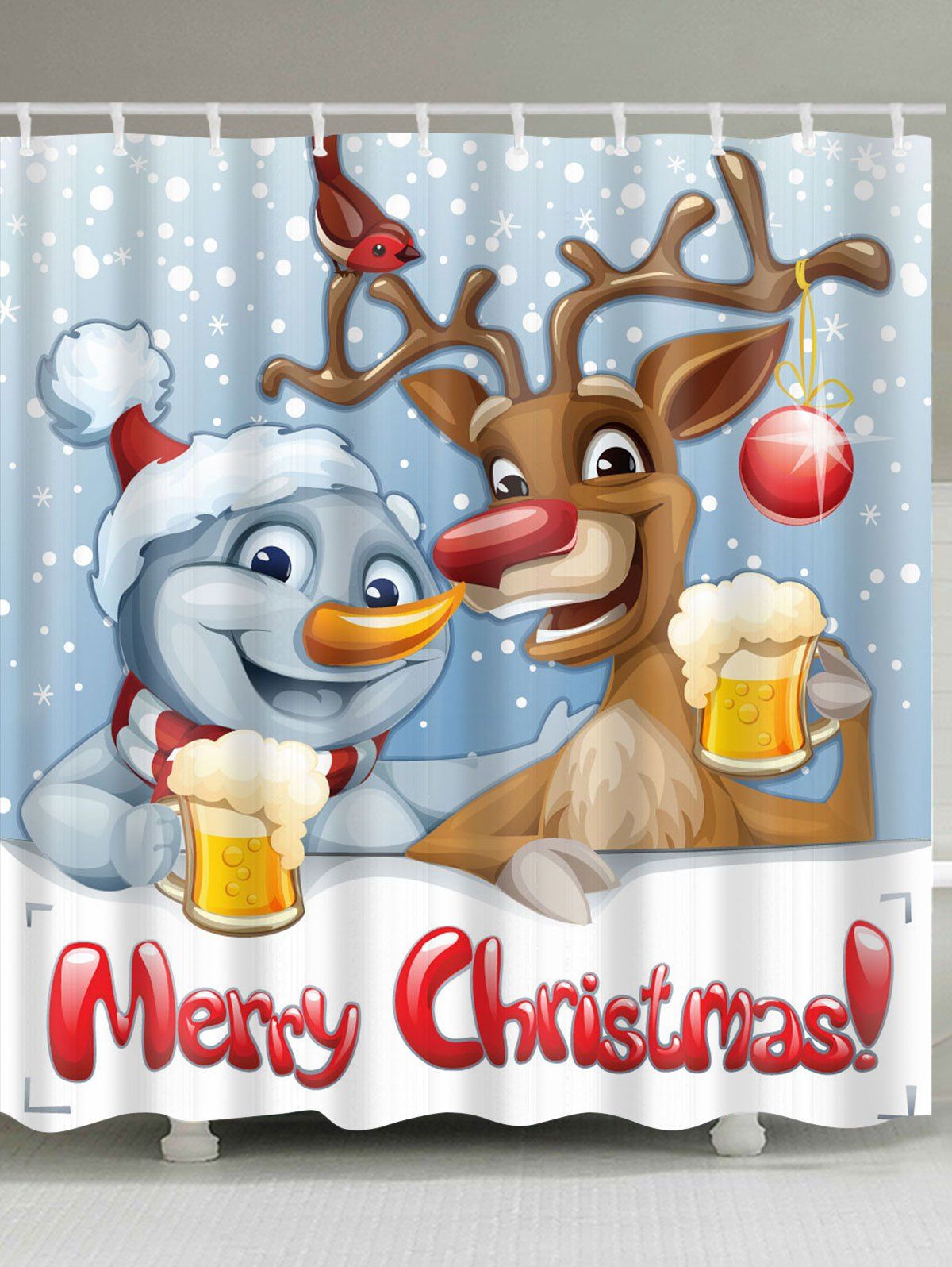 

Cartoon Christmas Deer and Snowman Printed Waterproof Bath Curtain, Colormix