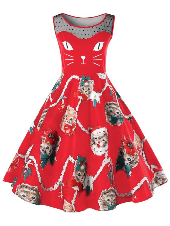Robe Trapèze Imprimé Chaton Noël Grande Taille - Rouge Clair XL