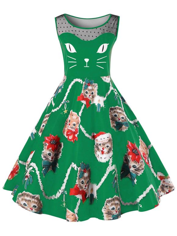 Robe Trapèze Imprimé Chaton Noël Grande Taille - Vert XL