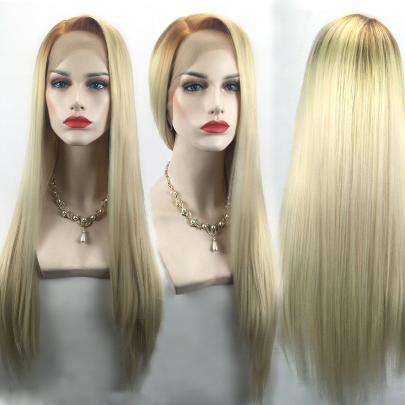 

Long Ombre Side Parting Straight Lace Front Synthetic Wig, Brown + golden