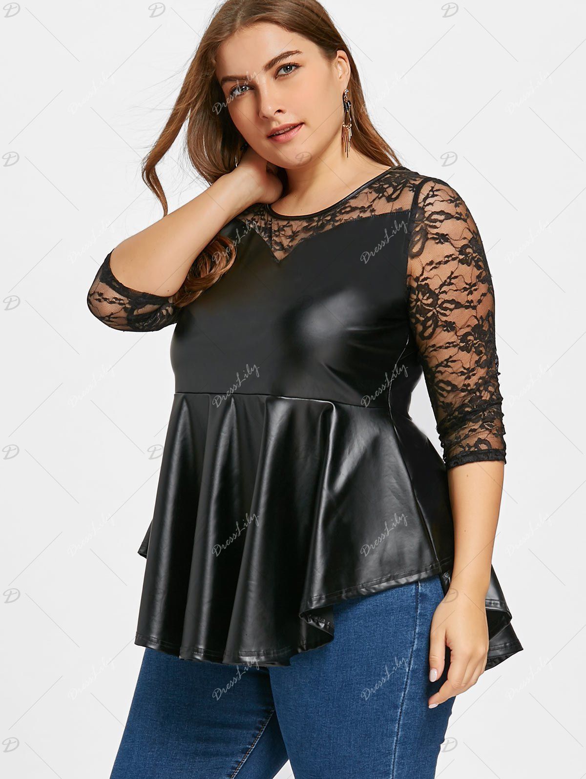 2018 Plus Size Lace Yoke Faux Leather Peplum Top BLACK XL In Plus Size 