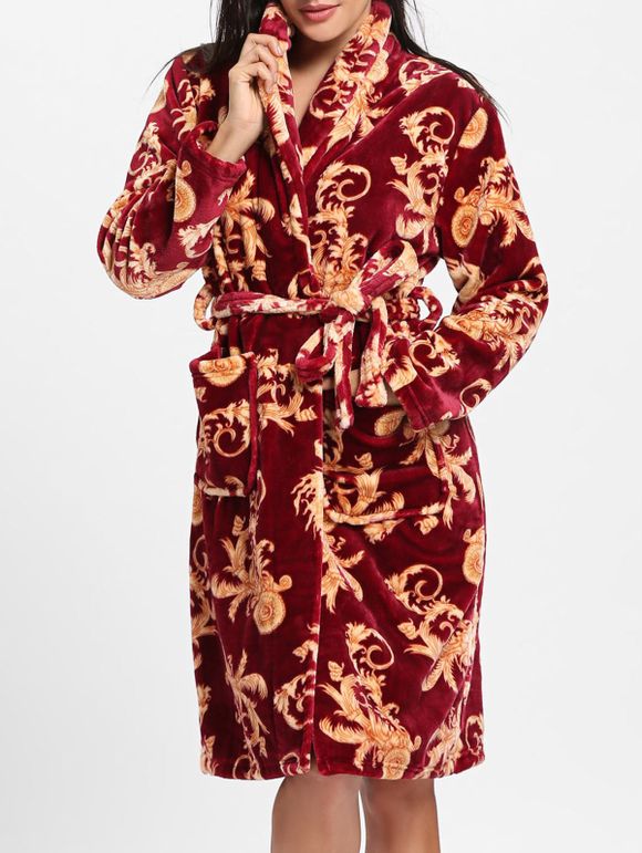 Robe de Nuit Portefeuille en Molleton et Imprimée - Rouge vineux L