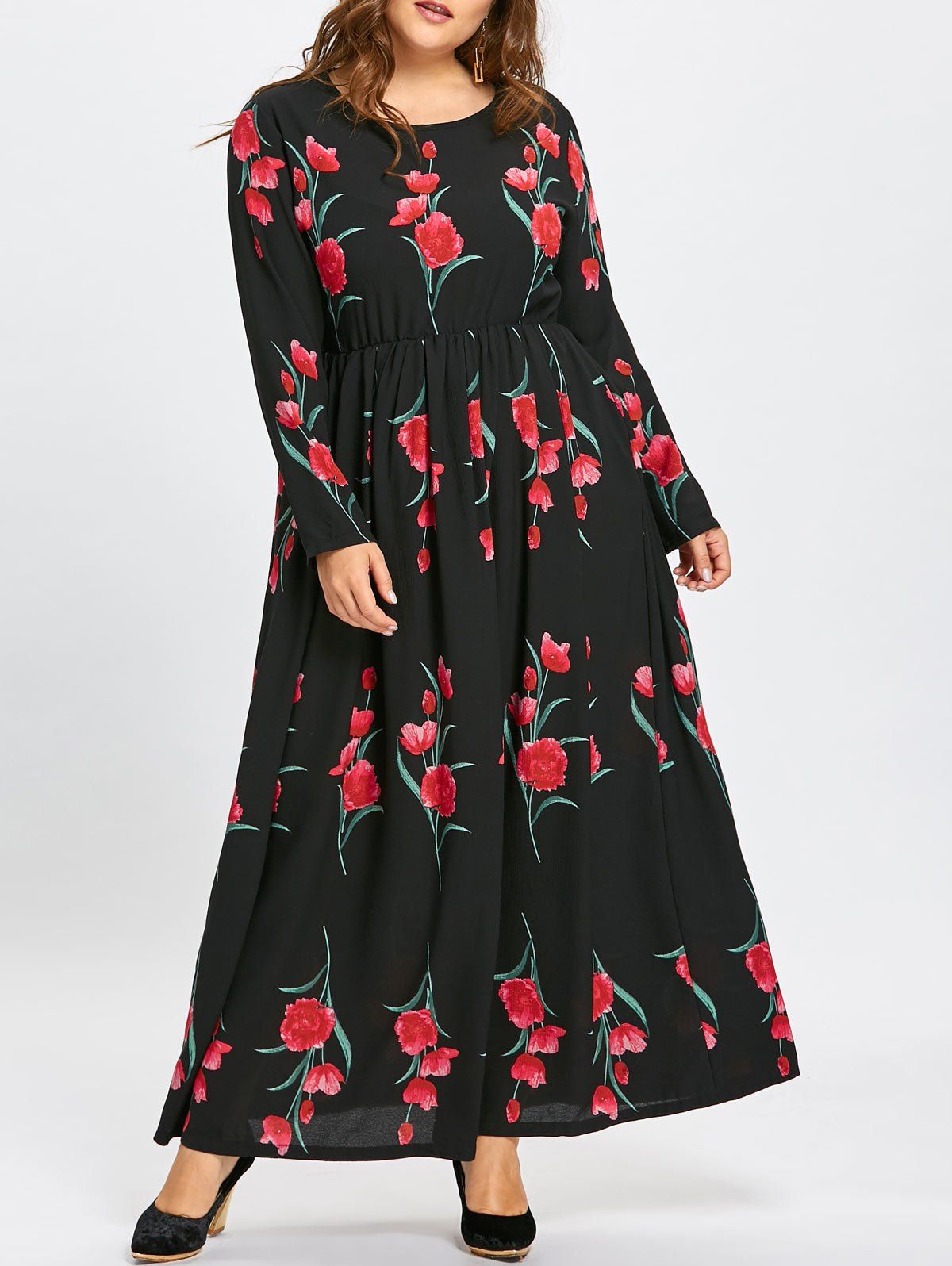 Tulip Floral Plus Size Chiffon Maxi Dress, Black