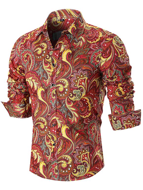 Chemise à Ourlet en Courbe et Manchettes à Boutons avec Motif Paisley - Rouge XL