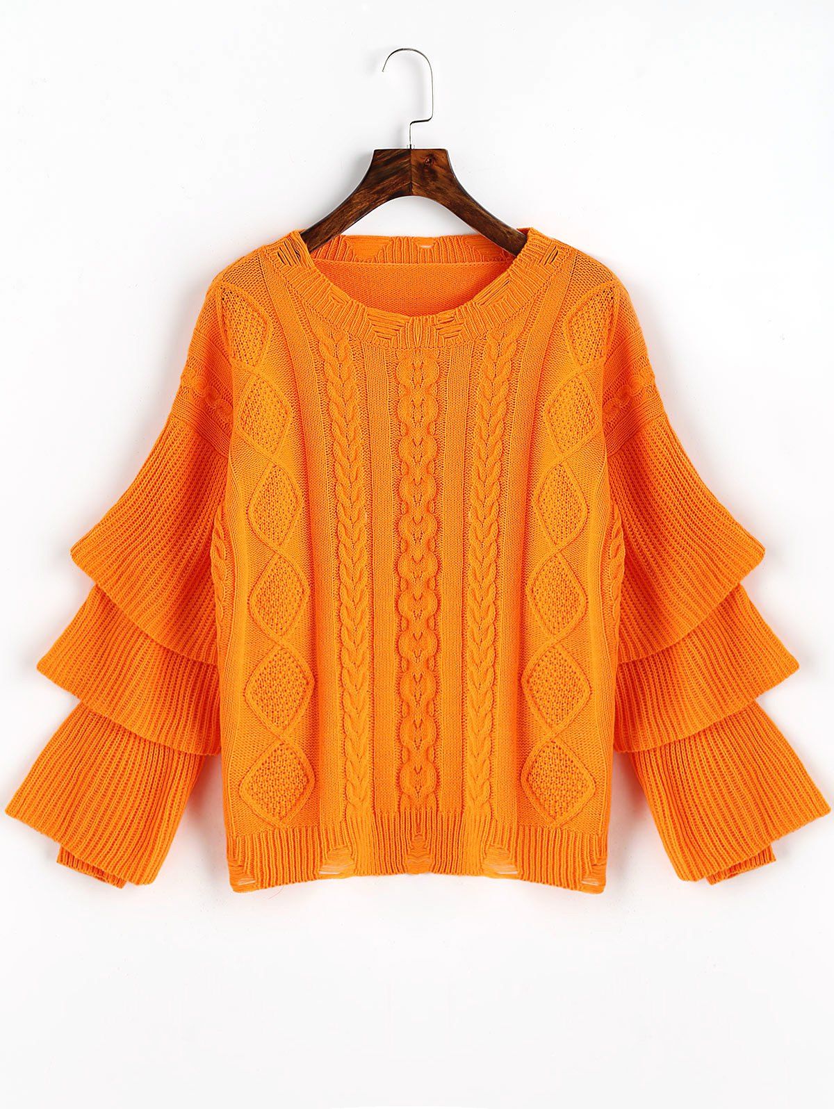 

Cable Knit Layered Sleeve Pullover Sweater, Orange red