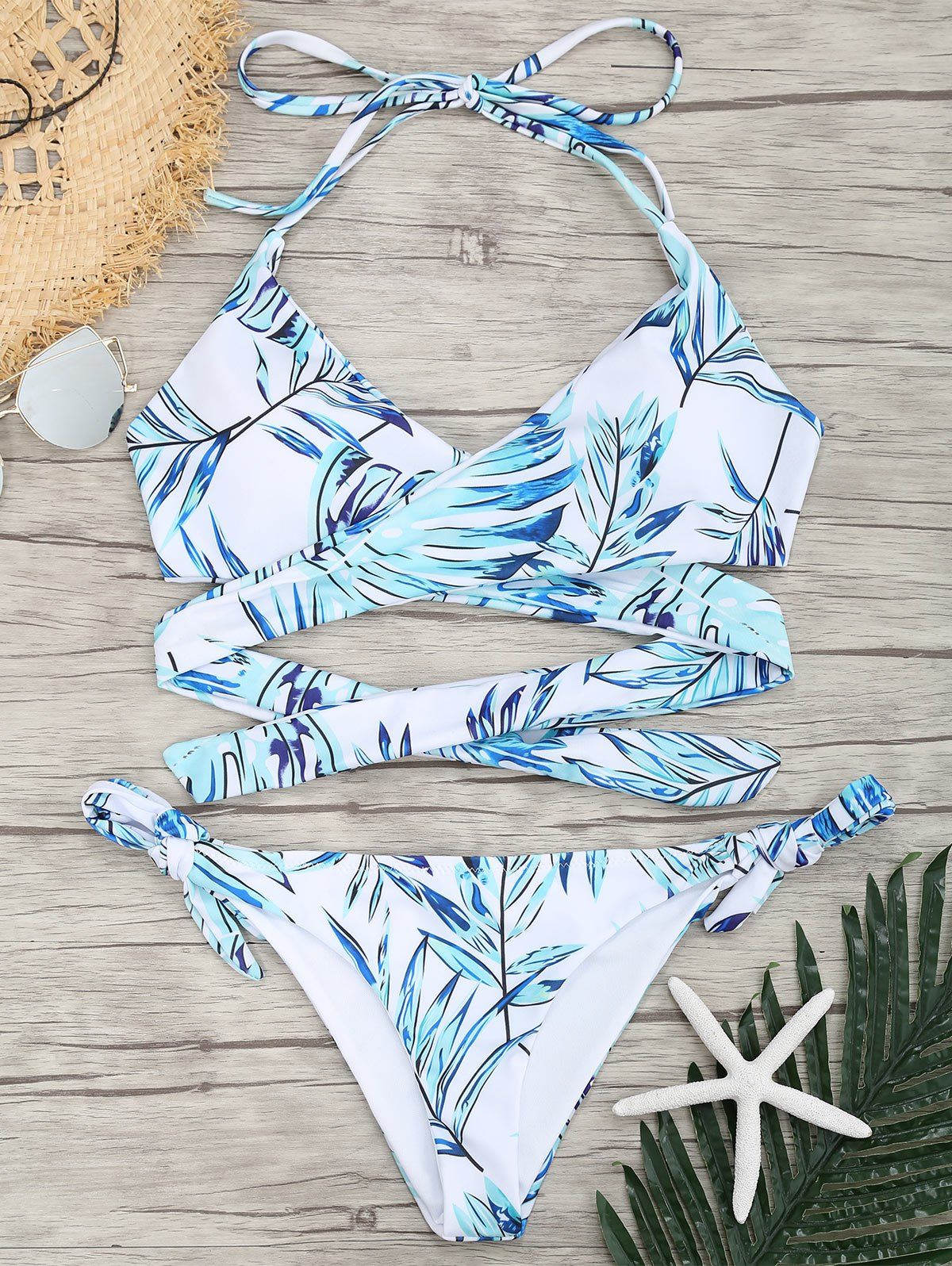 

Leaf Printed Halter Wrap Bikini Set, Blue