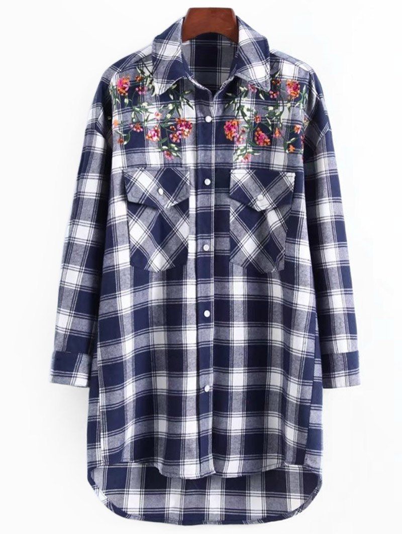 Sequined Floral Patched Plaid Shirt, Checked