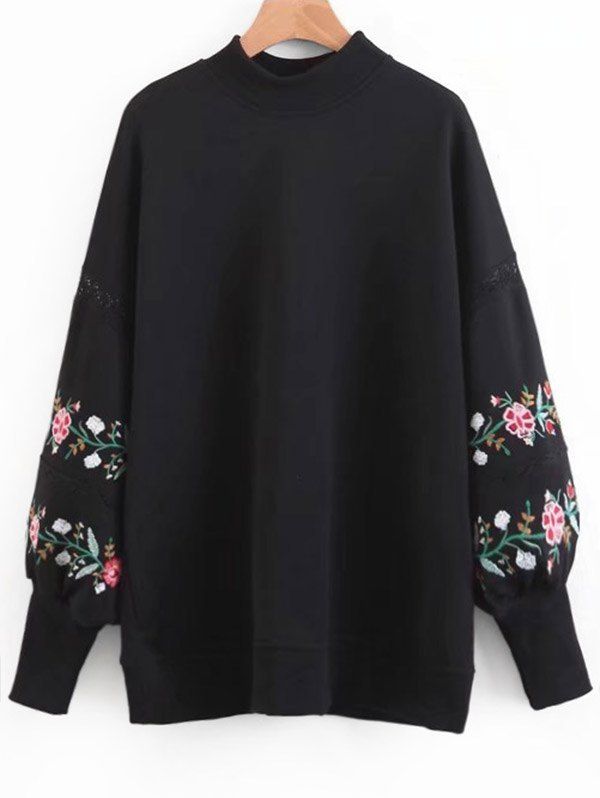 Flower Embroidered Lantern Sleeve Sweatshirt, Black
