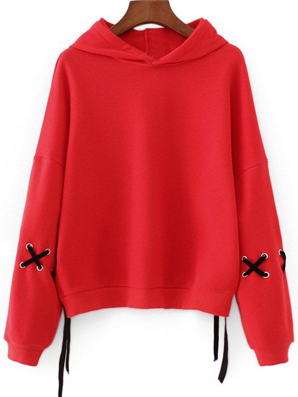 

Lace Up Sleeve Drop Shoulder Hoodie, Red