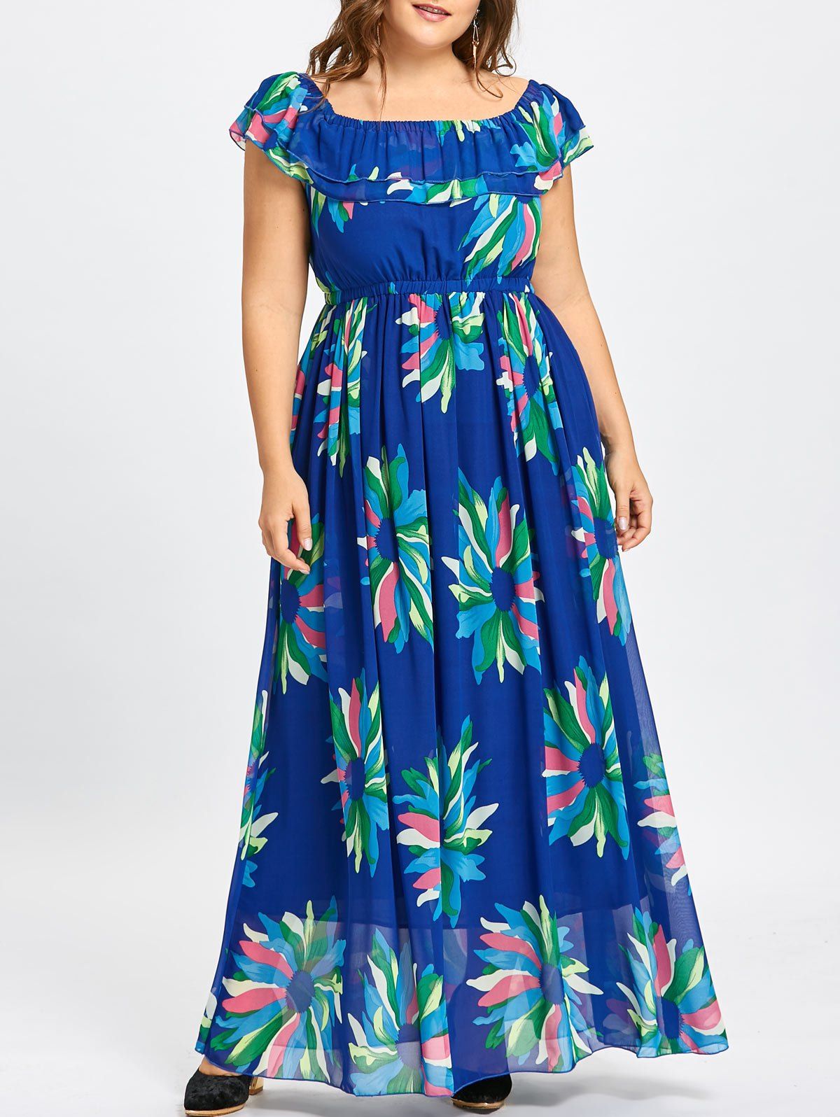 

Flounce Plus Size Maxi Chiffon Floral Dress, Blue