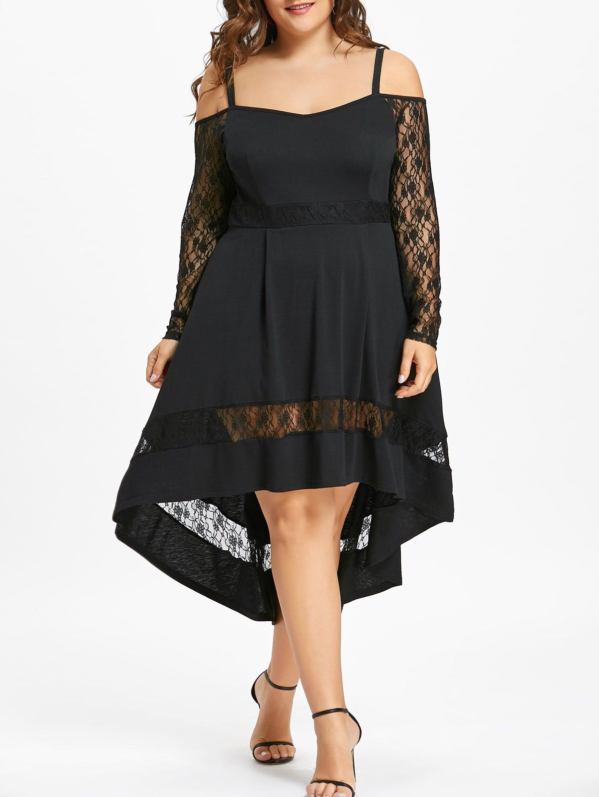 

Plus Size Lace Panel Dip Hem Party Dress, Black