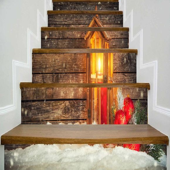 Noël bougie lanterne impression de grain de bois autocollants d'escalier bricolage - Couleur de Bois 100*18CM*6PCS
