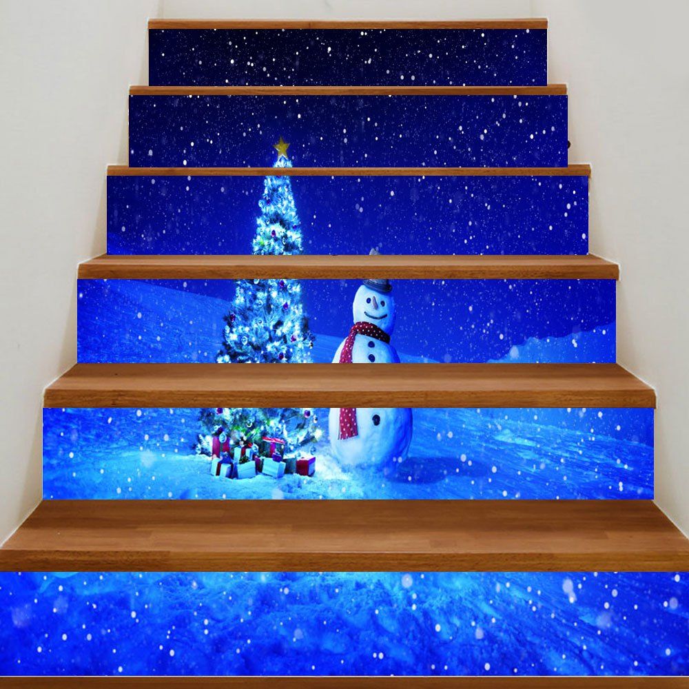 

Snowy Night Christmas Tree Snowman Printed Decorative Stair Stickers, Blue