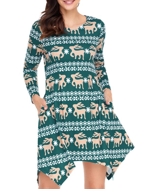 Robe Asymétrique à Manches Longues et Imprimée de Cerf de Noël - Vert XL