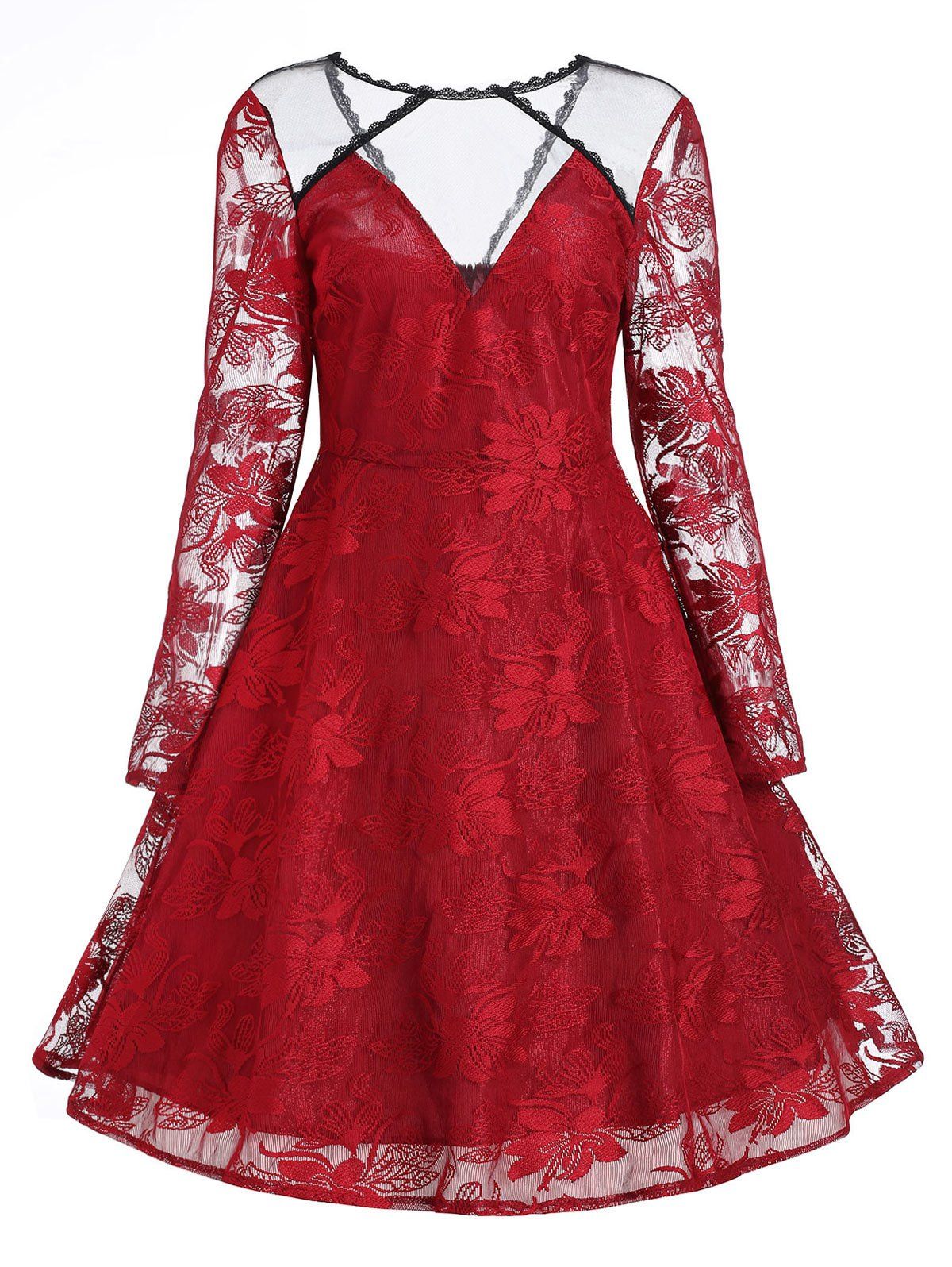 

Floral Lace Panel Vintage Overlay Dress, Red