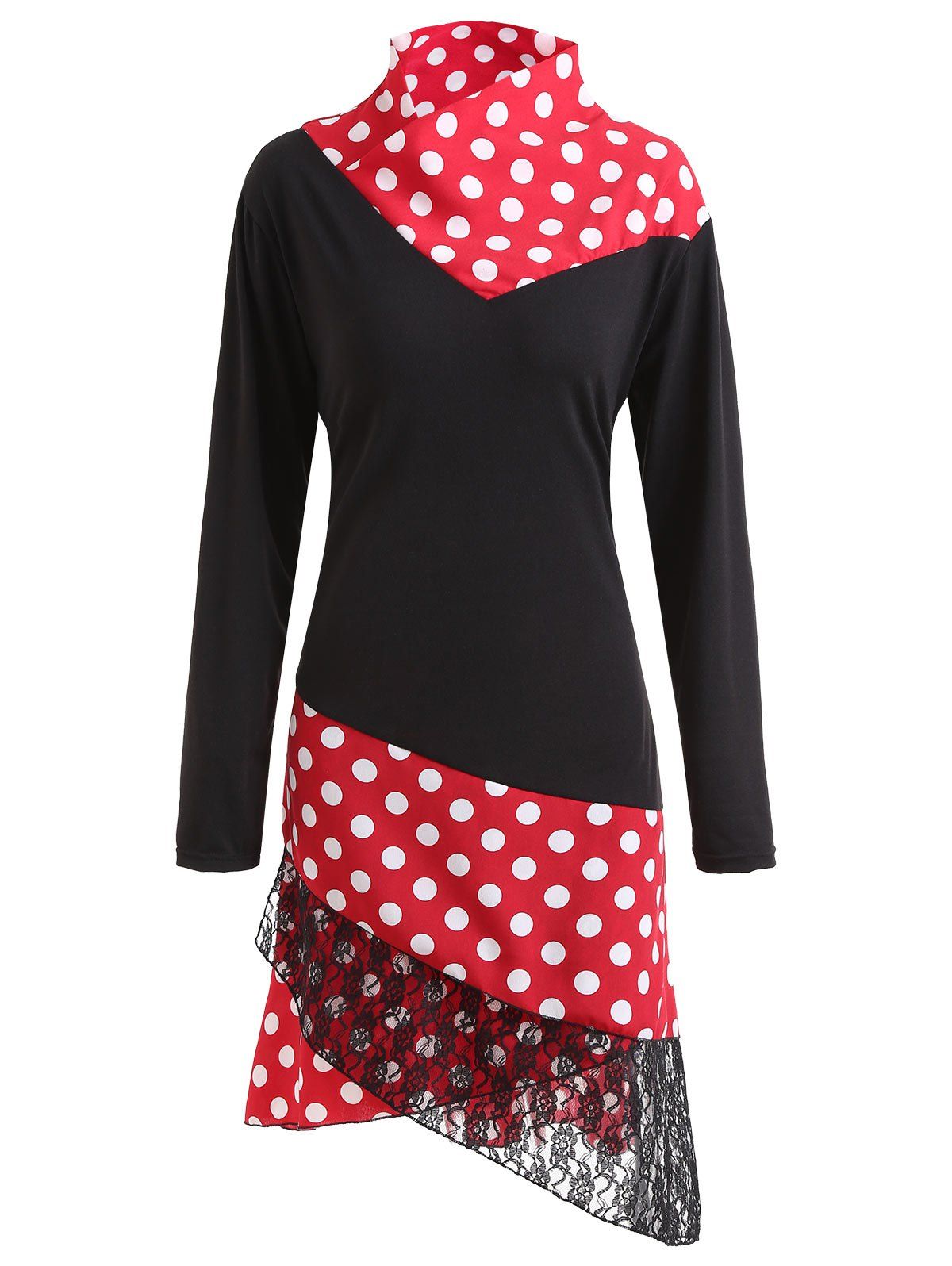 

Plus Size Polka Dot Lace Panel Asymmetrical Dress, Black