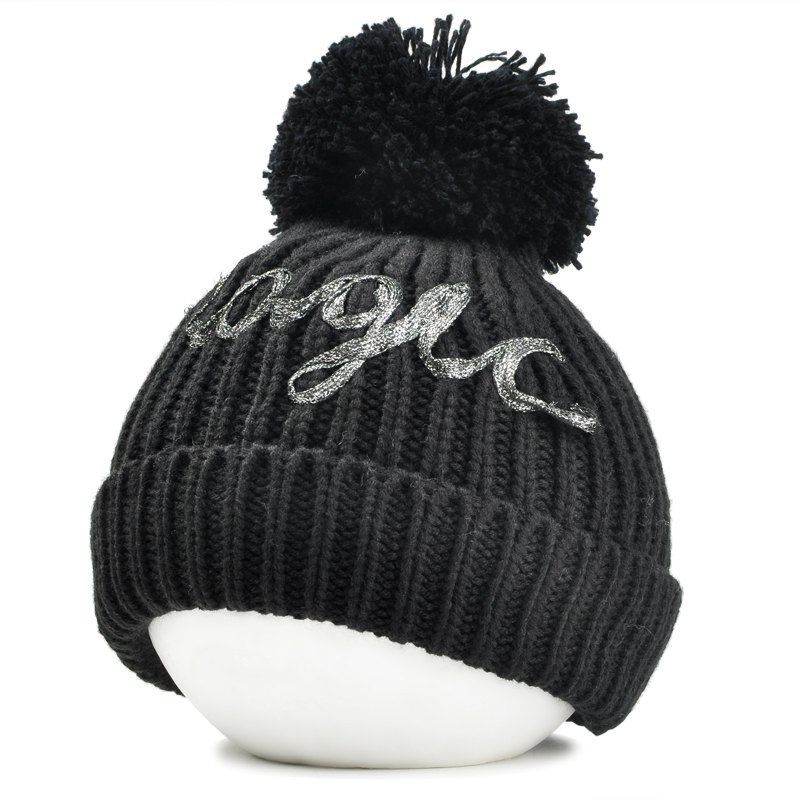 Outdoor Fuzzy Ball Embellished Flanging Knitted Beanie, Black