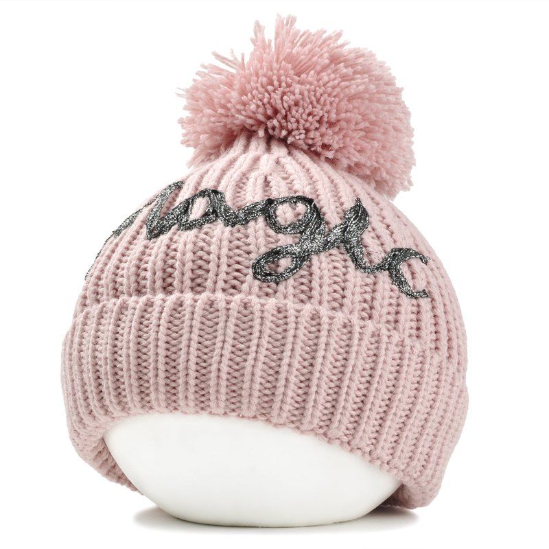 Outdoor Fuzzy Ball Embellished Flanging Knitted Beanie, Pink