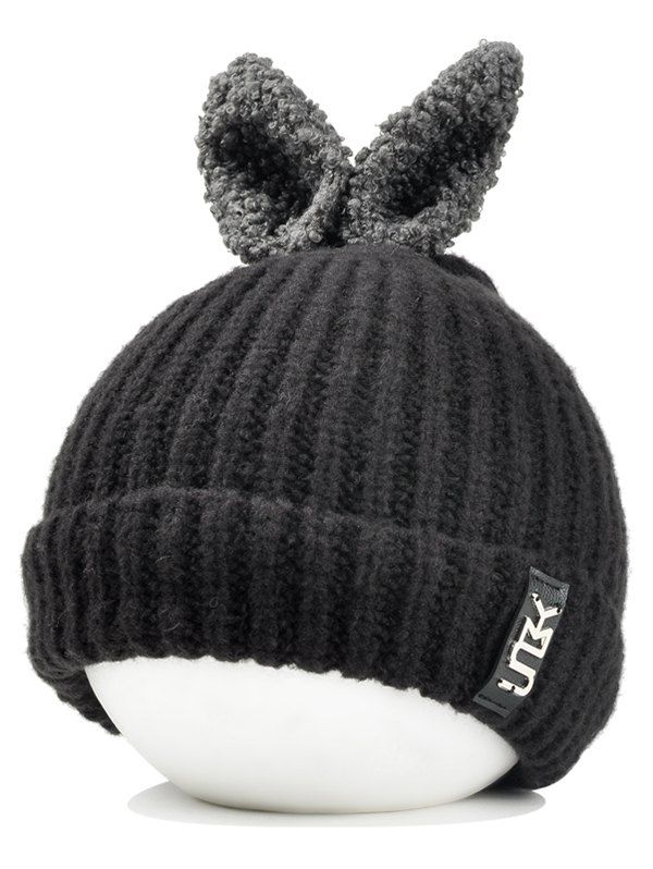 

Cute Rabbie Ear Letter Label Decorated Knitted Beanie, Black
