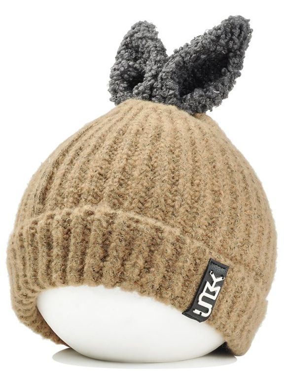Adorable Bonnet Tricoté Décoré Oreilles de Lapin et Logo - Kaki 