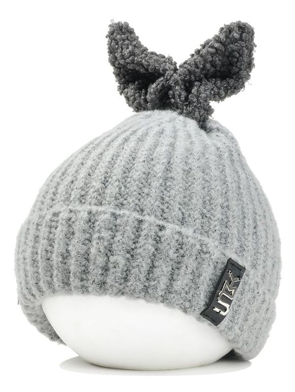Adorable Bonnet Tricoté Décoré Oreilles de Lapin et Logo - Gris Clair 