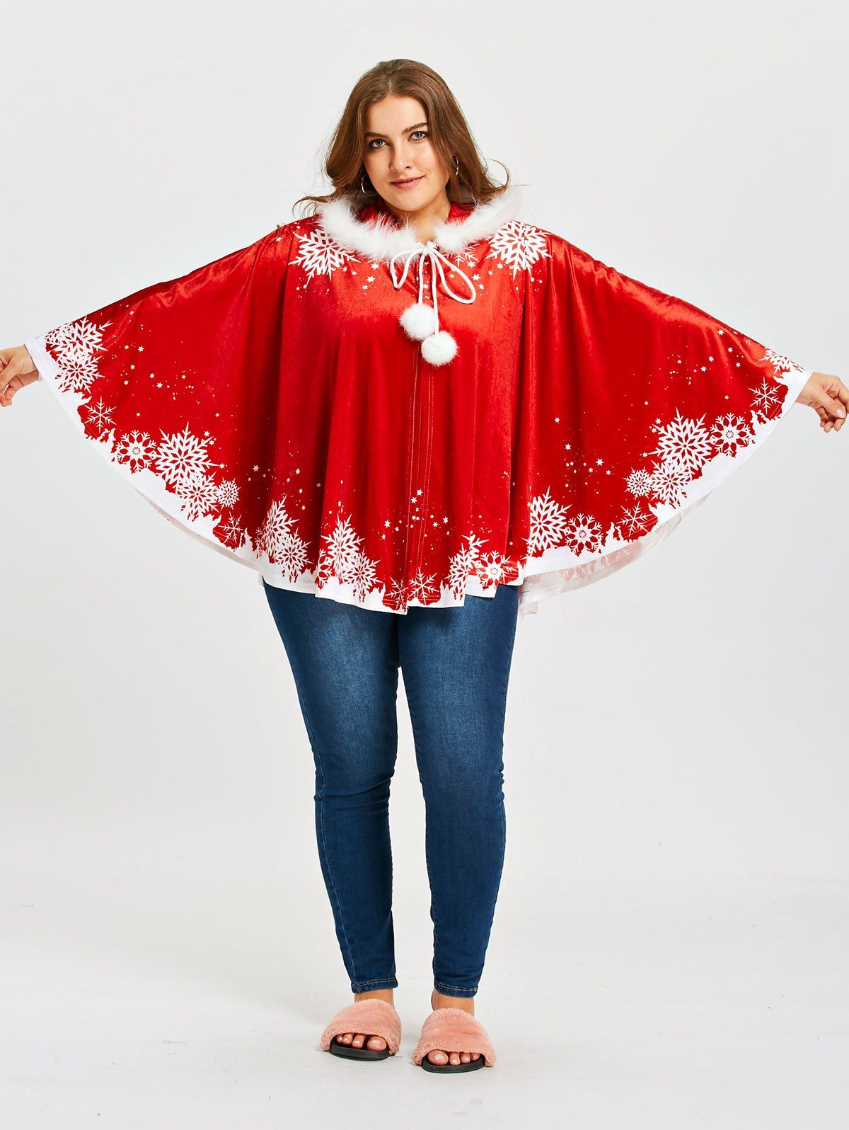 2018 Christmas Snowflake Printed Plus Size Velvet Cape Coat RED ONE