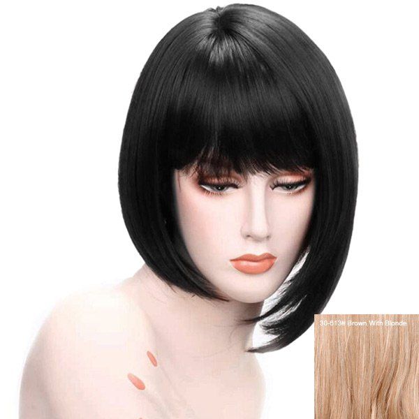 

Short Neat Bang Asymmetric Straight Bob Human Hair Wig, Brown with blonde