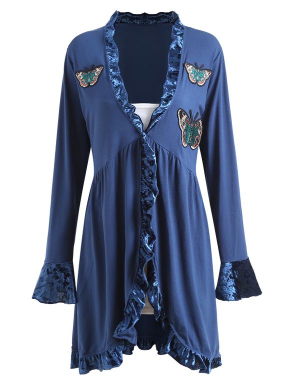 Manteau Grande Taille Volanté à Papillon Brodé à Empiècement en Velours - Bleu XL
