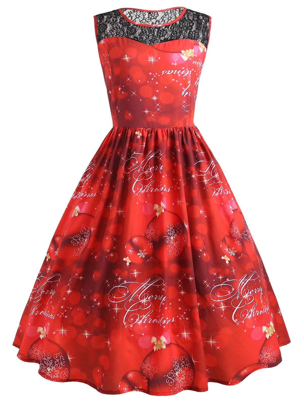 

Christmas Ball Sleeveless Lace Yoke Plus Size Dress, Red