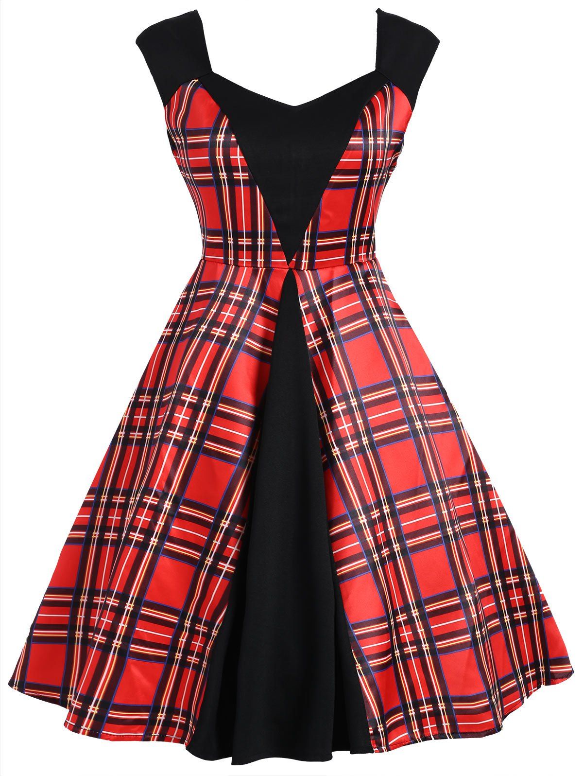 

Plaid Panel Sleeveless Vintage Dress, Red