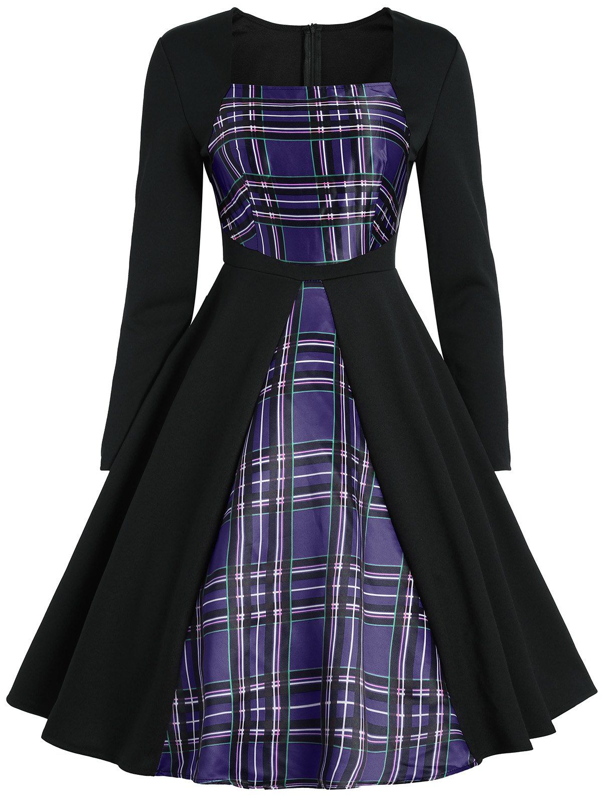 2018 plaid panel sleeve vintage dress blue l in 2018 plaid panel sleeve vintage dress blue l in