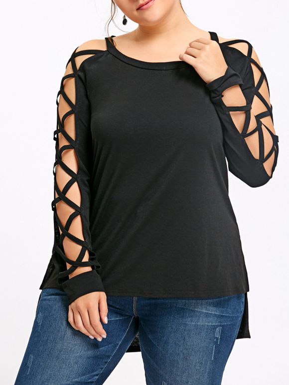 T-Shirt Style Haut-Bas avec Découpes en Treillis Grande-Taille - Noir 5XL