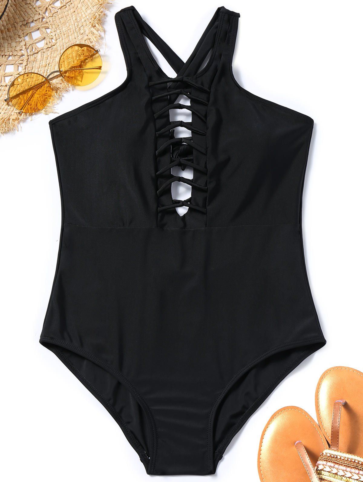 

Strappy Cross Back One Piece Swimwear, Black