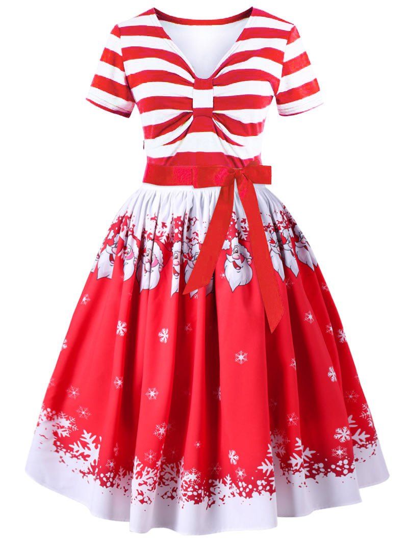 

Christmas Plus Size Striped Empire Waist Dress, Red