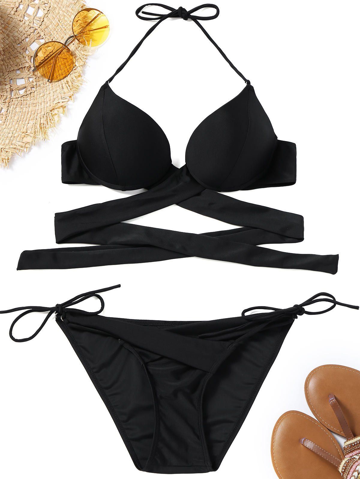 

Underwire Wrap Bikini Top with String Bottoms, Black