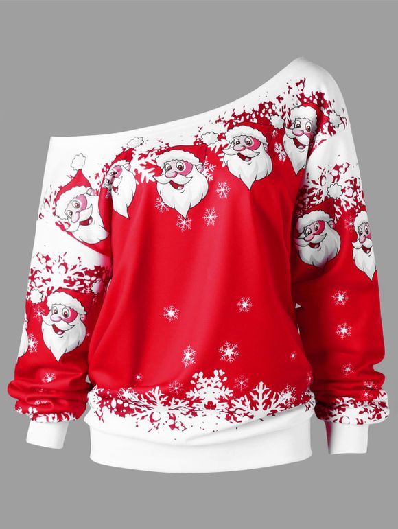 Sweat-shirt avec Col en Biais Imprimé Père Noël Grande Taille - Rouge et Blanc 3XL