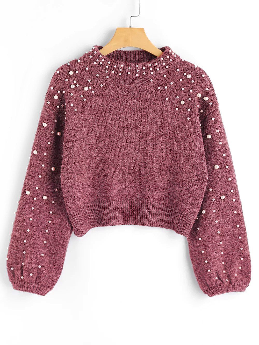 

Mock Neck Faux Pearl Sweater, Russet-red