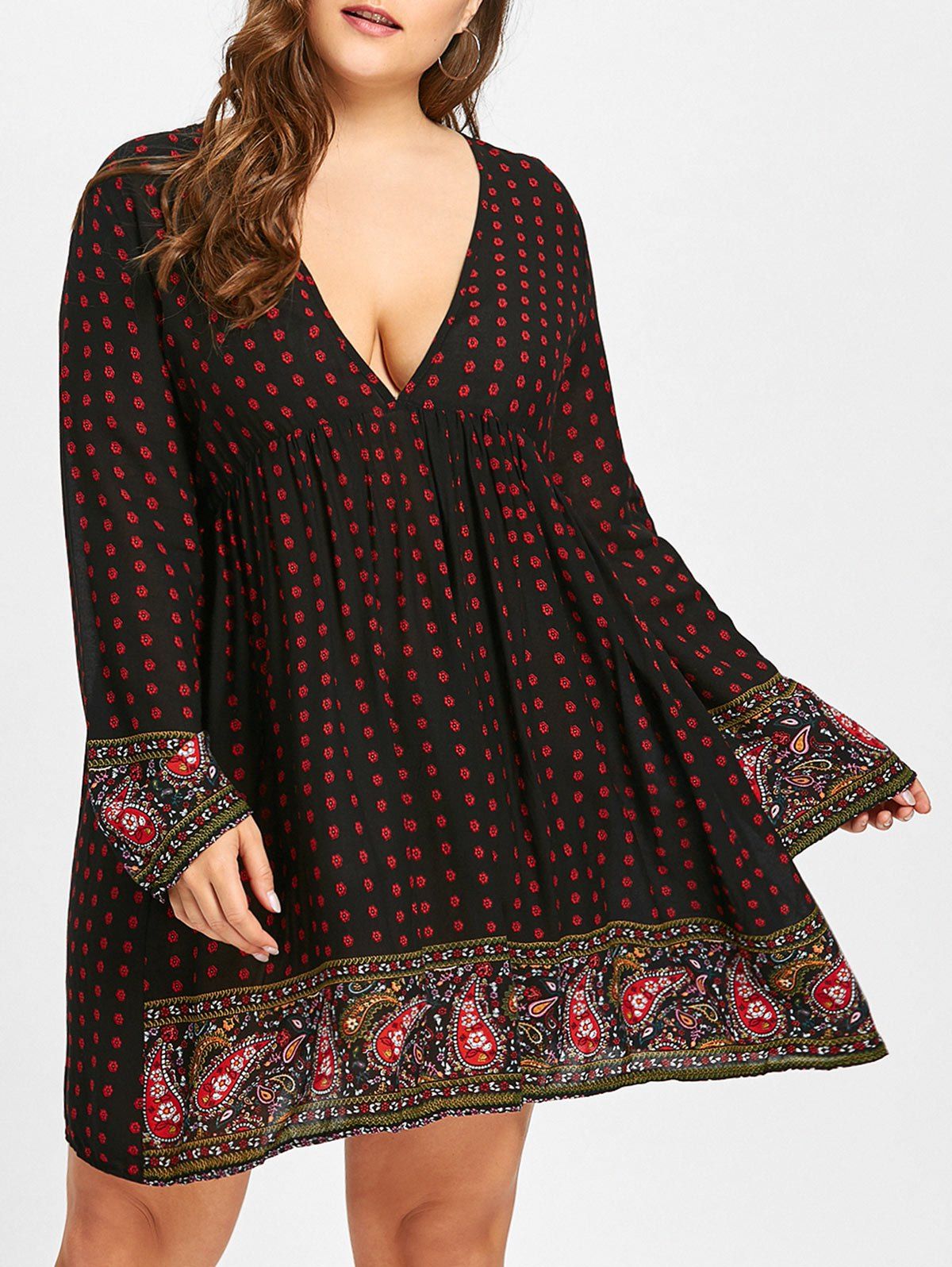 

Plus Size Plunging Tiny Flower Print Dress, Black