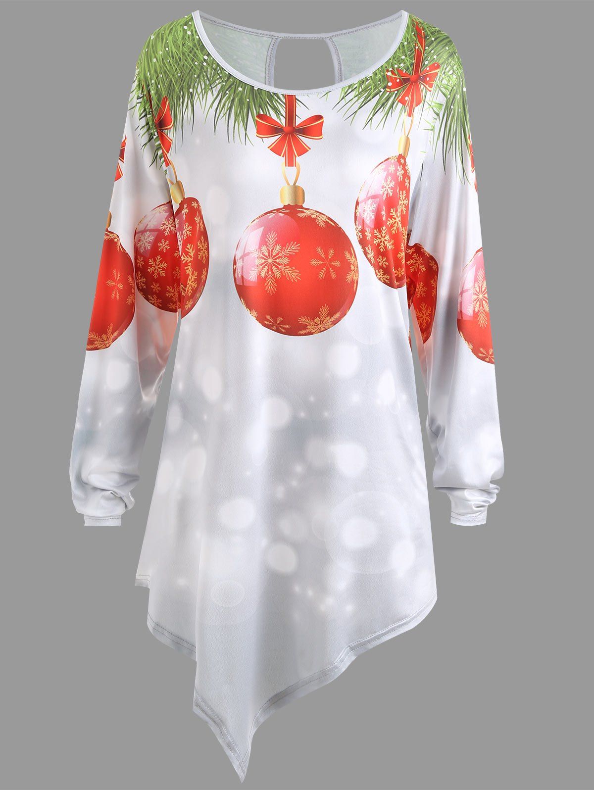 

Christmas Snowflake Ball Asymmetrical Plus Size T-shirt, White