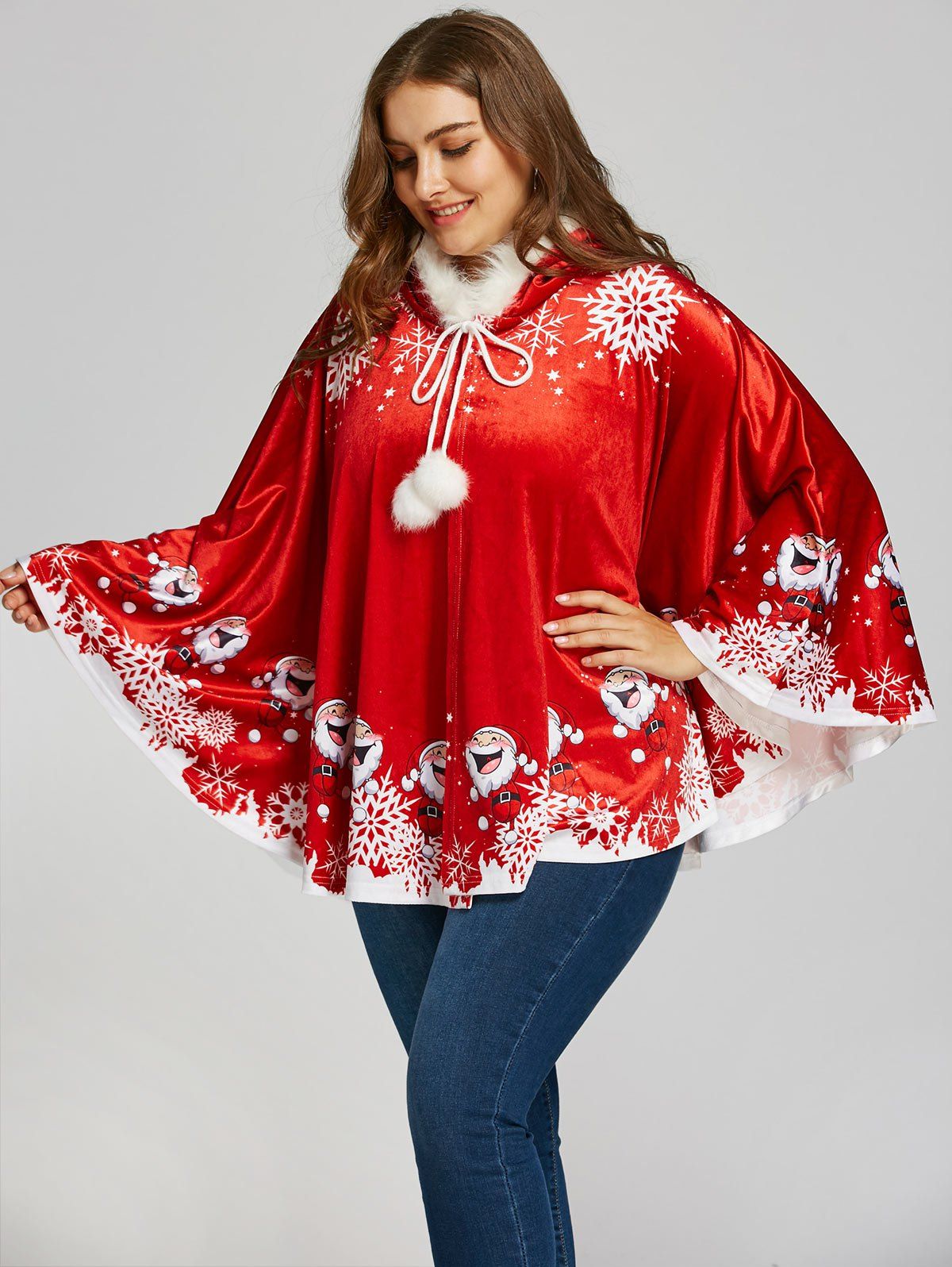 

Santa Claus Printed Plus Size Velvet Cape Coat, Red